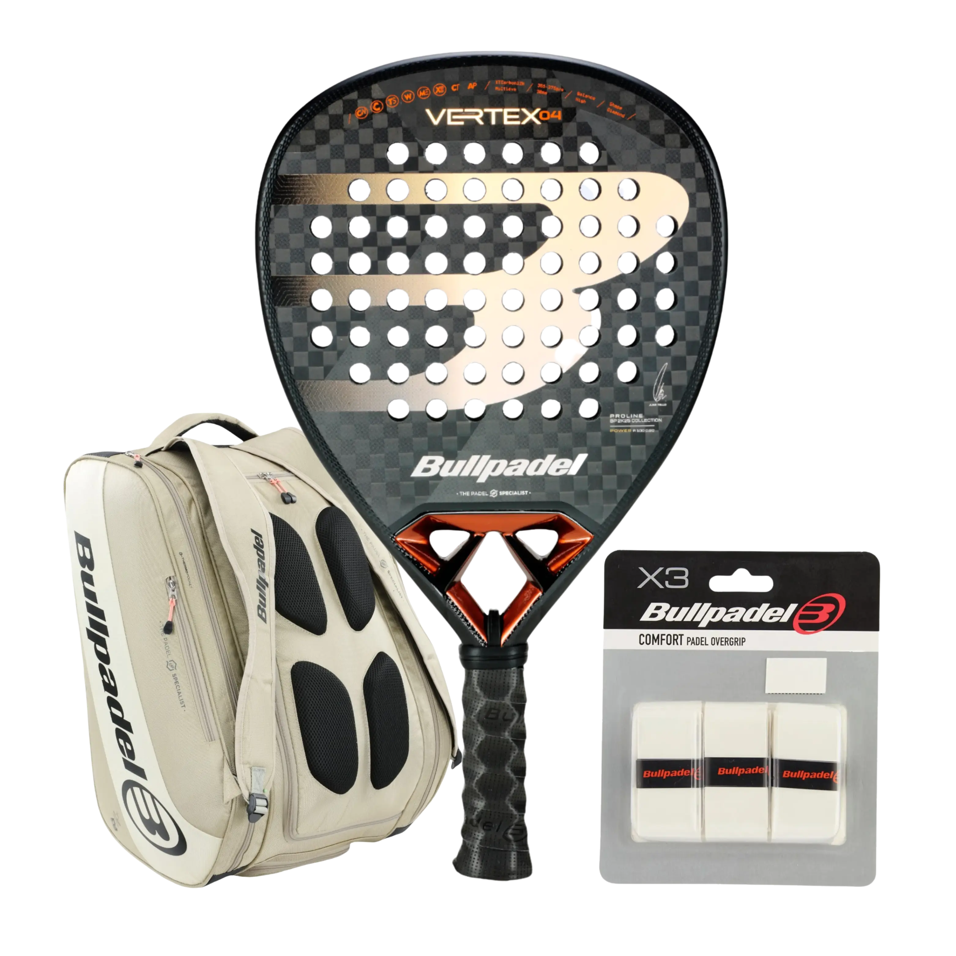 Pack Bullpadel Vertex 04 Raquette + Sac de raquette Vertex Sable + Surgrips Comfort Blanc X3