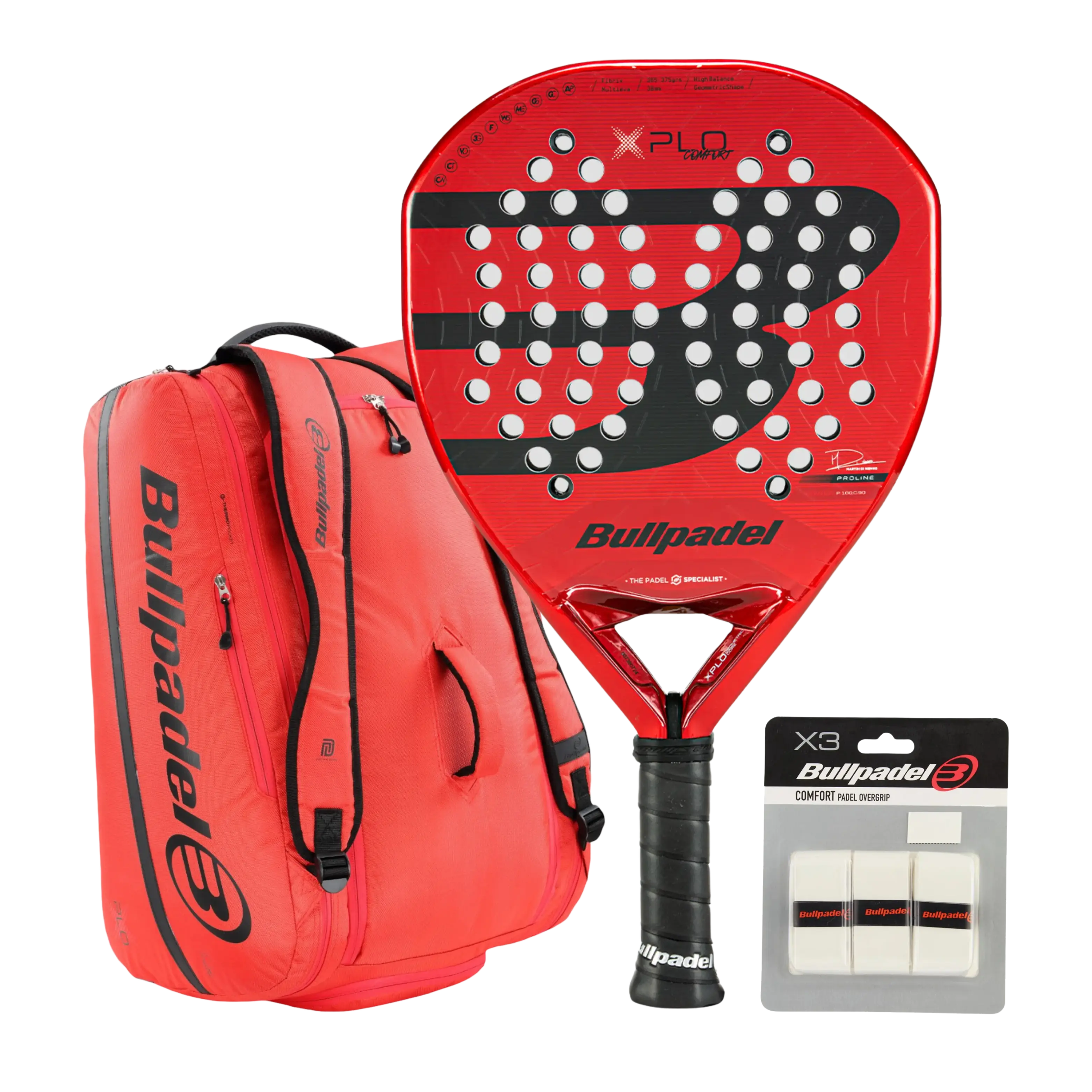 Pack Bullpadel Raquette XPLO Comfort + Sac de padel XPLO Rouge + Surgrip Bullpadel Blanc X3