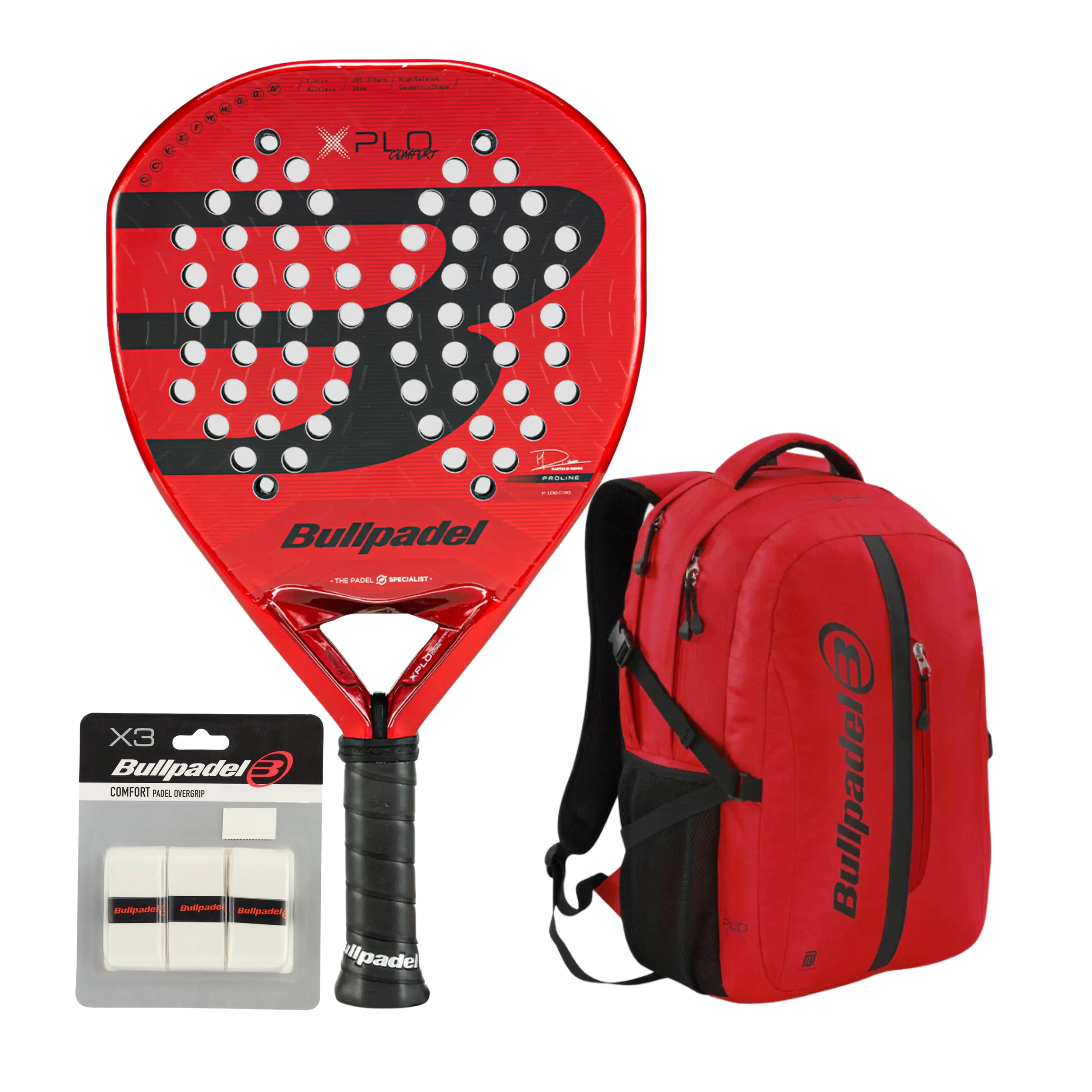 Pack Bullpadel Raquette XPLO Comfort + Sac à dos XPLO Rouge + Surgrips Comfort Blanc x3