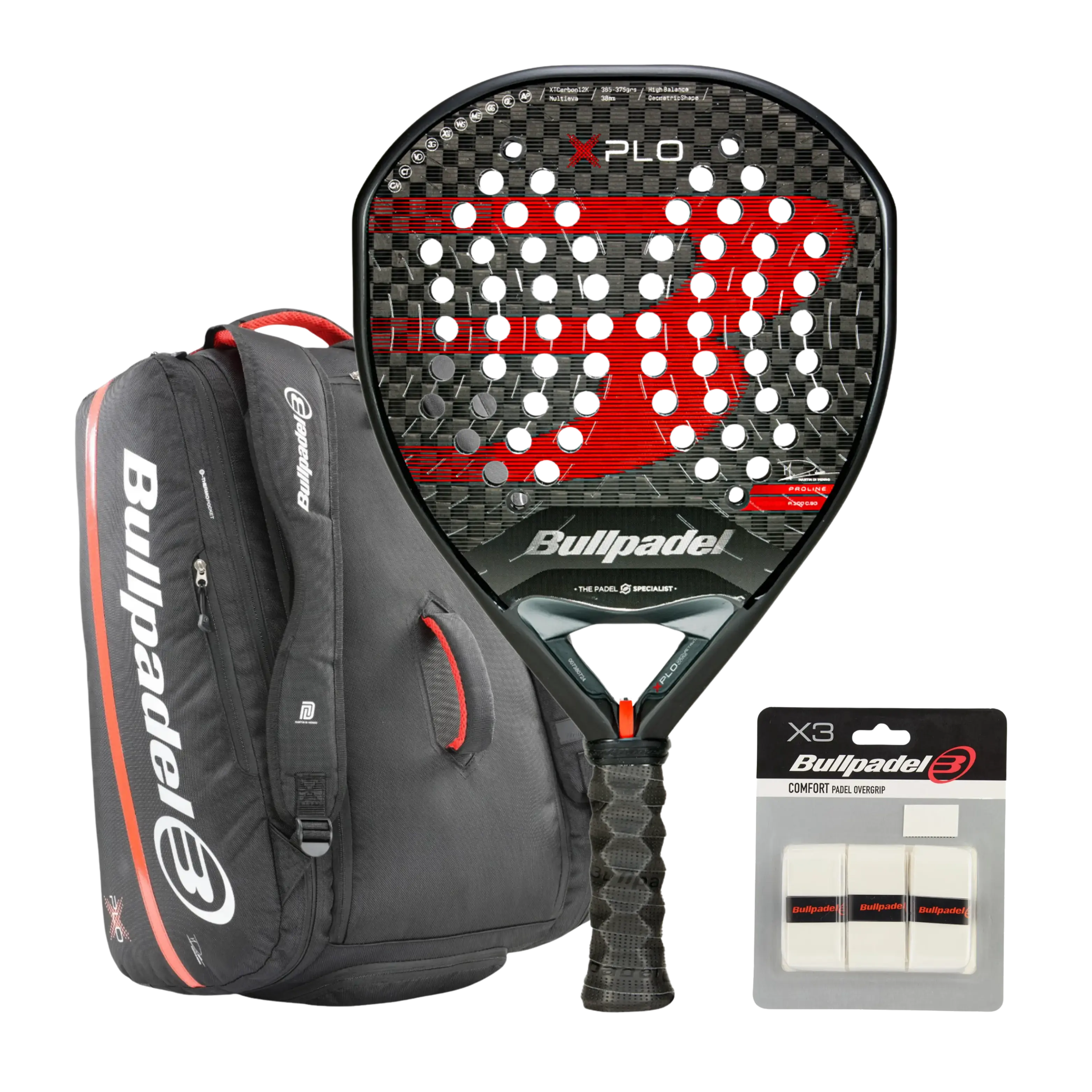 Pack Bullpadel Raquette XPLO + Sac de raquette XPLO Noir + Surgrips Comfort X3